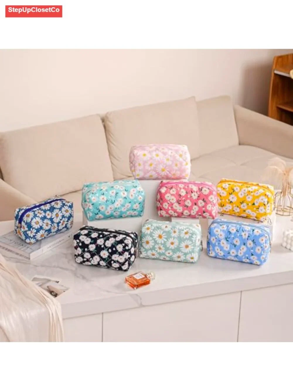 Quilted Cotton Daisy Floral Cosmetic Bag Travel Toiletry Organizer Pouch Zipper